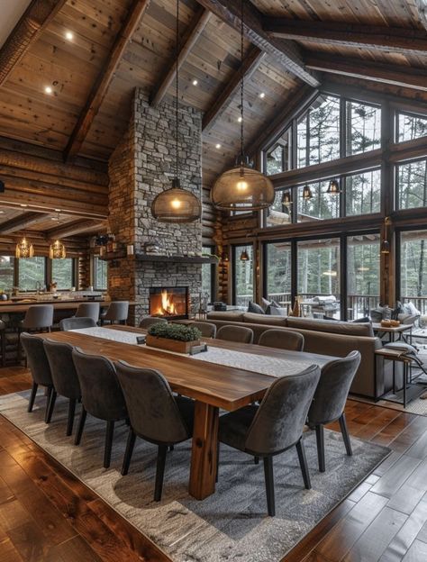 Interior Log Cabin, Vacation House Plans, Table For 12, Log Houses, Cabin Living Room, Cabin Inspiration, Cabin Interiors, Log House, Cabin Living