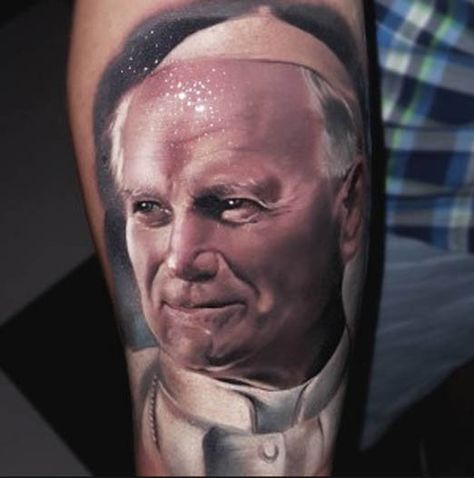 A beautiful tribute to Pope John Paul II. #inked #pope #popejohnpaul #johnpaul #tattoo #ink Pope Tattoo, Inked Magazine Tattoos, Tattoo Happy, Small Shoulder Tattoos, Famous Portraits, Portrait Tattoos, Unicorn Tattoos, Foot Tattoos For Women, Wrist Tattoos For Guys