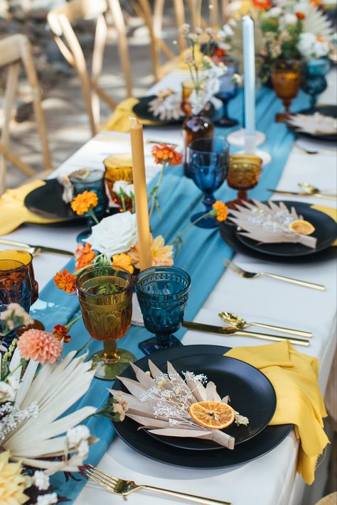 Teal And Mustard Wedding, Teal Table Setting, Teal Wedding Table, Outdoor Small Wedding, Teal Yellow Wedding, Beach Wedding Turquoise, Teal Bridal Shower, Teal Centerpieces, Blue Color Palette Wedding