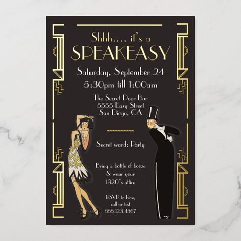 Speakeasy Flapper Great Gatsby Party Foil Invitation Size: 5" x 7" Foil Invitation. Color: Gold. Gender: unisex. Age Group: adult. Material: Premium White. Gatsby Party Invitations Template, Great Gatsby 40th Birthday Party Ideas, Speakeasy Party Invitation, Prohibition Party Invitations, Roaring 20s Party Invitation, Great Gatsby Party Decor, 1920s Invitation, Speakeasy Invitation, Speakeasy Ideas