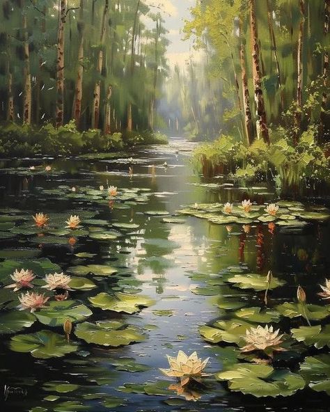 Pond Painting Acrylic, Lilypad Painting, Mum Painting, Cottagecore Rooms, Lotus Pond Painting, Lily Pond Painting, Forest Drawing, Pond Painting, Photo To Art