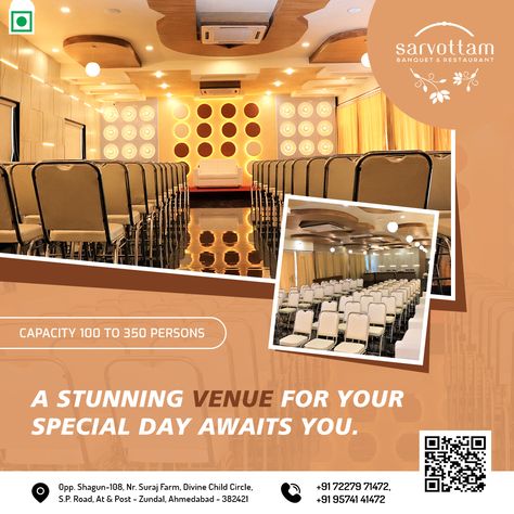 A stunning venue for your special day awaits you. #Sarvottam #Restaurant #Banquet #Ahmedabad #events #appetizer #mocktail #punjabifood #chinesefood #fastfood #snack #soup #dessert #seminarHalls #reception #babyShower #wedding #anniversary #kids #birthday #party Poster For Event, Restaurant Creatives, Restaurant Poster, Punjabi Food, Event Promo, Social Media Advertising Design, Resort Design, Mango Tree, Banquet Party