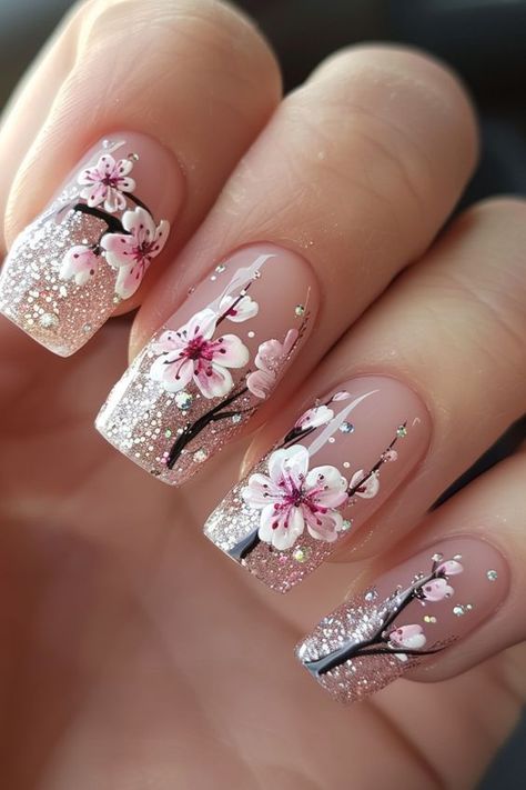 Lipsticks Aesthetic, Blossom Nail Designs, Paris Nail Art, Cherry Blossom Nails Design, Sophisticated Manicure, Cherry Blossom Nails, Butterfly Nail Designs, Simple Spring Nails, Elegant Nail Art