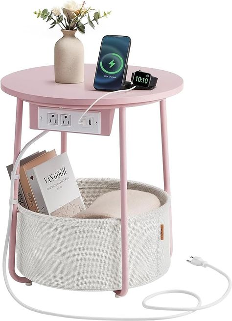 Amazon.com: VASAGLE Side Table with Charging Station, Round End Table With Fabric Basket, Nightstand with Power Outlets USB Ports, for Living Room, Bedroom, Modern, Jelly Pink and Cream White ULET228R01 : Home & Kitchen Basket Nightstand, Coffee Table With Baskets, Table With Basket, Pink Side Table, Lamp Phone, Round Building, Table With Charging Station, Table In The Living Room, Table Room