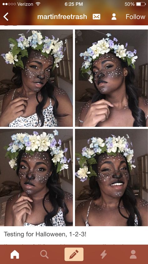 Fawn makeup via tumblr Faun Costume Diy, Satyr Ren Faire, Satyr Makeup, Ren Faire Creature Costume, Satyr Cosplay Diy, Faun Makeup, Diy Satyr Legs Faun Costume, Fawn Makeup, Dnd Cosplay