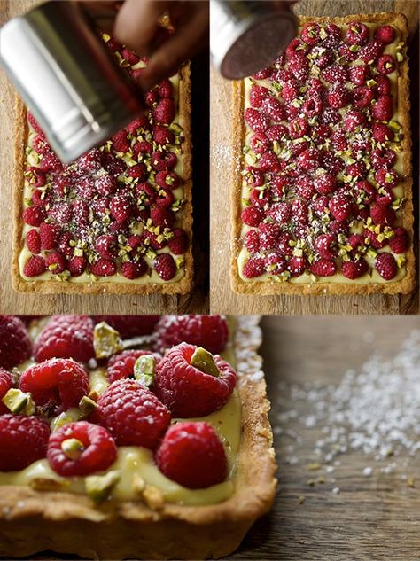 Italian Summer Desserts, Pistachio Baking, Pistachio Tart, Tart Raspberry, Raspberry Pistachio, Dessert Light, Raspberry Tarts, Powder Sugar, Dusting Powder