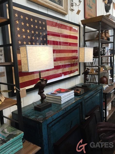 American Flag Living Room, Military Office Decor, Americana Living Rooms, Military Home Decor, Army Decor, Americana Home Decor, Modern Americana, Flag Wall Decor, Home Gate Design