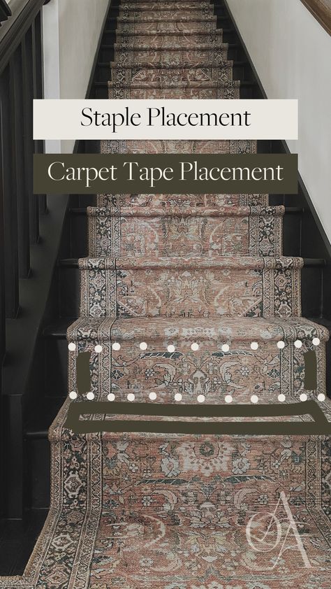 How to Install a Stair Runner (Step-by-Step Tutorial) | Our Aesthetic Abode Rug On Steps Stair Runners, Diy Stair Runner Rods, Vintage Rug Stair Runner, Ruggable Stair Runner, Diy Stair Rods, Stair Runner Carpet Top Of Stairs, Persian Stair Runner, Stairway With Runner, Custom Stair Runner