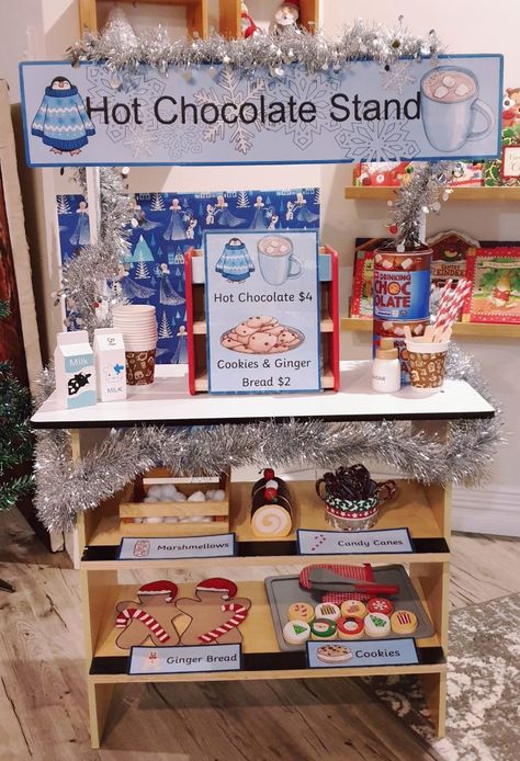 December Dramatic Play Center, Dramatic Play Winter Preschool, Sensory Dramatic Play, Christmas Cookie Dramatic Play Center, Christmas Pretend Play Preschool, Hot Chocolate Role Play Eyfs, Dramatic Play Hot Chocolate Stand, Christmas Home Living Center Preschool, Dramatic Play Centers Winter