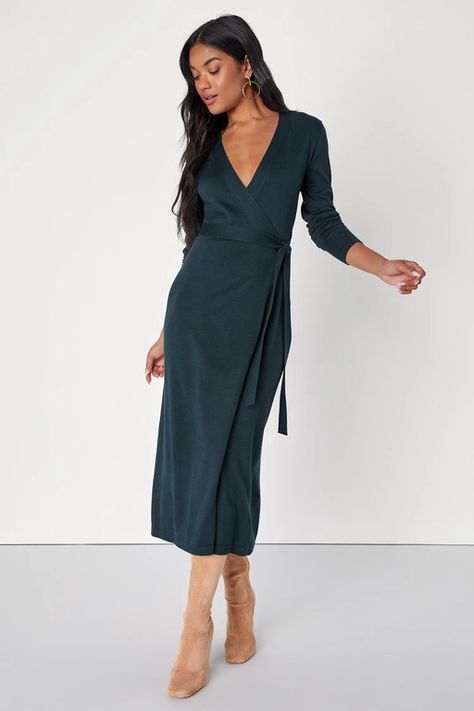 Red Velvet Wrap Dress, Mid Size Romantic Style, Kibbe Soft Classic Business Casual, Sweater Dress For Wedding Guest, Work Wrap Dress, Midi Dress For Work, Soft Dramatic Work Outfit, Business Professional Dresses For Women, Emerald Green Sweater Dress