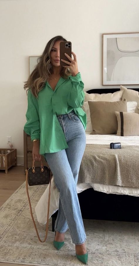 Jeans And Silk Top Outfit, Restaurant Wear Outfits, Outfits For Green Shoes, Classy Bootcut Jeans Outfit, Jeans And Gym Shoes Outfits, Work Outfits With Green Pants, Blue Jeans And Heels Outfit, Todays Fashion Trends 2024, Crop Tshirt And Jeans