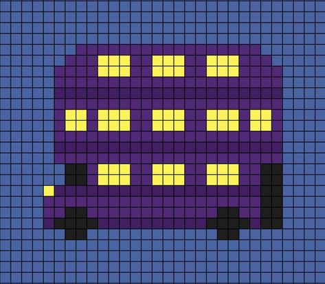 A pixel art template of purple The Knight Bus from Harry Potter, the Prisoner of Azkaban film. Hocus Pocus Pixel Art, Pixel Pattern Harry Potter, Crochet Grid Patterns Harry Potter, Pixel Art Pattern Harry Potter, Harry Potter Bead Pattern, Harry Potter Grid Pattern, Harry Potter Graphgan, Hogwarts Pixel Art, Harry Potter Pixel Art Grid