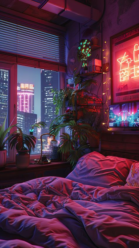 Lofi Bedroom Aesthetic, Synthwave Bedroom, Vaporwave Aesthetic Bedroom, Lofi Aesthetic Room, Synthwave Room, Vaporwave Bedroom, Tiktok Background, Synthwave Neon, Cool Pixel Art