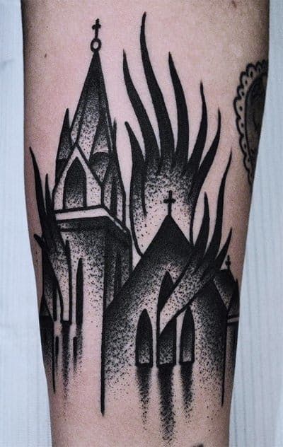 Church Tattoo, Burning Church, Wizard Tattoo, Filler Tattoo, Occult Tattoo, Rabbit Tattoos, Fire Tattoo, Gothic Tattoo, Home Tattoo