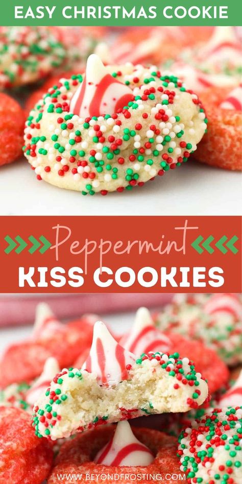 These Peppermint Kiss Cookies are the perfect Christmas cookie. Soft, chewy, perfectly dense sugar cookies are infused with peppermint flavor, coated in festive sprinkles, and topped with a Candy Cane Hershey's Kisses. Sugar Cookies With Peppermint Kisses, Peppermint Kiss Sugar Cookies, Peppermint Kiss Blossom Cookies, Sugar Kiss Cookies, Christmas Cookies Peppermint Kiss, Sugar Cookie Kisses Recipe, Christmas Cookies With Kisses On Top, Hershey Peppermint Kiss Cookies, Candy Cane Kisses Recipes