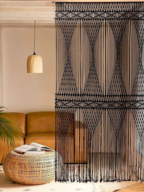 Rideaux Boho, Tapestry Macrame, Yarn Tapestry, Large Curtains, Macrame Headboard, Headboard Wall, Macrame Curtain, Black Curtains, Macrame Decor