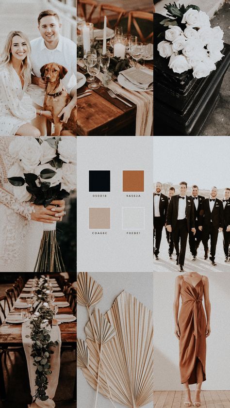 Rust Cream And Black Wedding, Black Taupe Wedding, Terracotta And Black Wedding Theme, Black White And Amber Wedding, Fall Wedding Color Schemes Black, Black Wedding Mood Board, Old Hollywood Fall Wedding, Sage Green Rust And Black Wedding, Rust Black And White Wedding