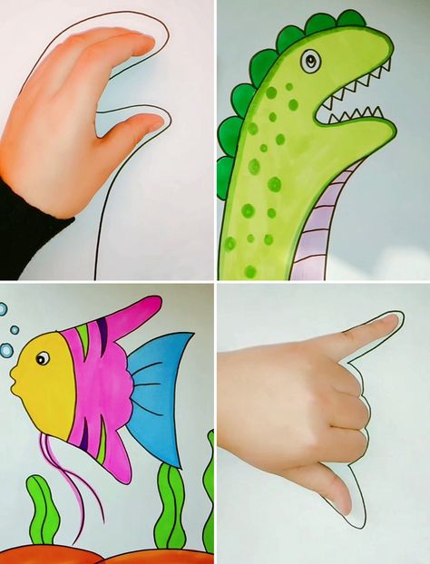 Animal Drawing For Beginners, Animal Hand Drawing, Hand Animals Drawing, Hand Tracing Art, Hand Tracing Art For Kids, Handprint Drawing, Easy Hand Drawing, Hand Drawing Ideas, Hand Animals