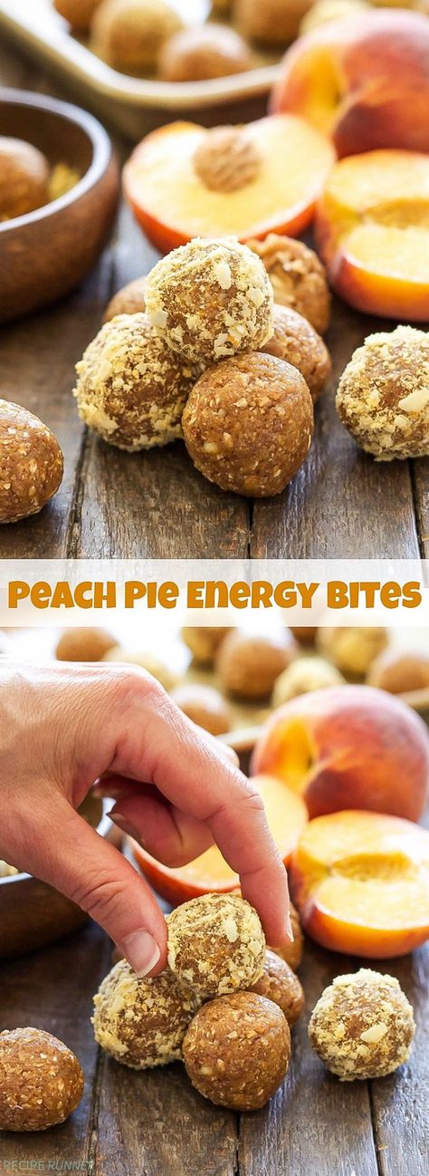 Peach Pie Energy Bites | Freeze dried peaches give these Peach Pie Energy Bites an extra peachy flavor! A gluten-free, vegan and protein filled snack for peach lovers! Protein Filled Snacks, Energy Bites Healthy, Dried Peaches, Energy Bites Recipes, Snack Shack, Healthy Protein Snacks, Energy Ball Recipe, Snack Bites, Peach Pie