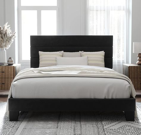 Allewie Queen Size Platform Bed Frame with Velvet Upholstered Headboard and Wooden Slats Support, Fully Upholstered Mattress Foundation/No Box Spring Needed/Easy Assembly, Black Black Wood Bed, Queen Platform Bed Frame, King Size Platform Bed, Black Bed Frame, Cama King Size, Full Size Platform Bed, Lit King Size, Full Platform Bed, Queen Size Platform Bed