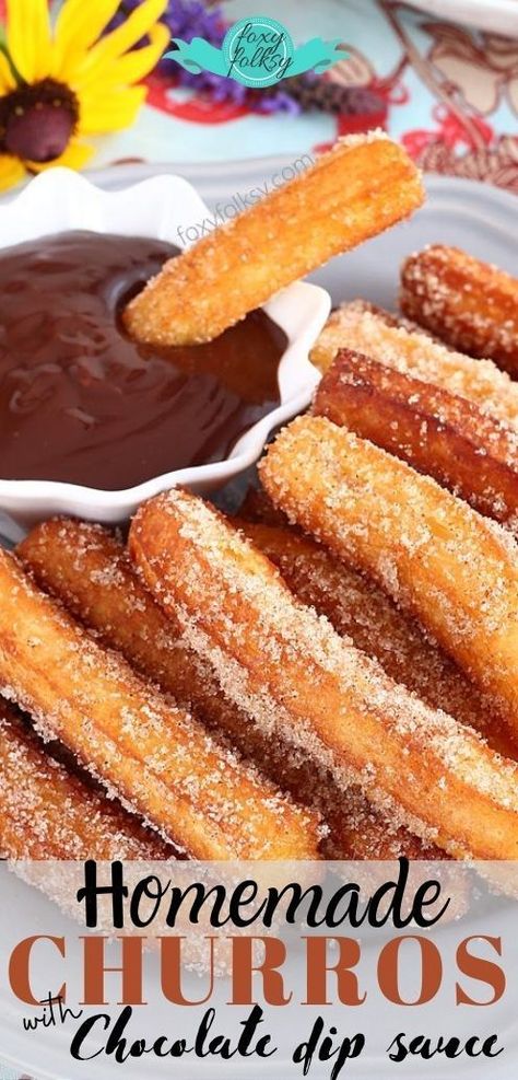 These crunchy, dough-filled goodies dipped in yummy chocolate sauce are always a hit with the kids and the "young at heart"! Who can resist dunkin' these fried treats in sweet melted choco? Not me for sure! | www.foxyfolksy.com #churros #homemade #sweettreats #chocodip Chocolate For Churros, Churros Chocolate Sauce, Churros With Chocolate Sauce, Churro Chocolate Sauce, Chocolate Sauce For Churros, Filled Churros, Foxy Folksy, Doughnut Recipe Easy, Easy To Make Recipes