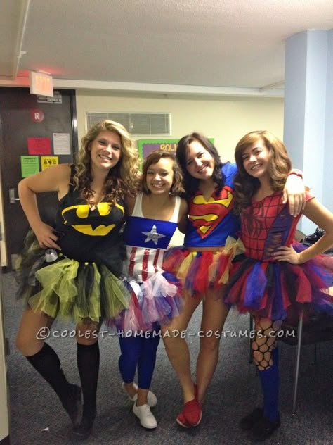 Female Superheroes Group Costume for Halloween - girl power! Superhero Costumes For Girls, Batman Tutu, Girl Superhero Costumes, Girl Group Costume, Superhero Costumes, Holloween Costume, Hallowen Costume, Homemade Costumes, Group Costumes