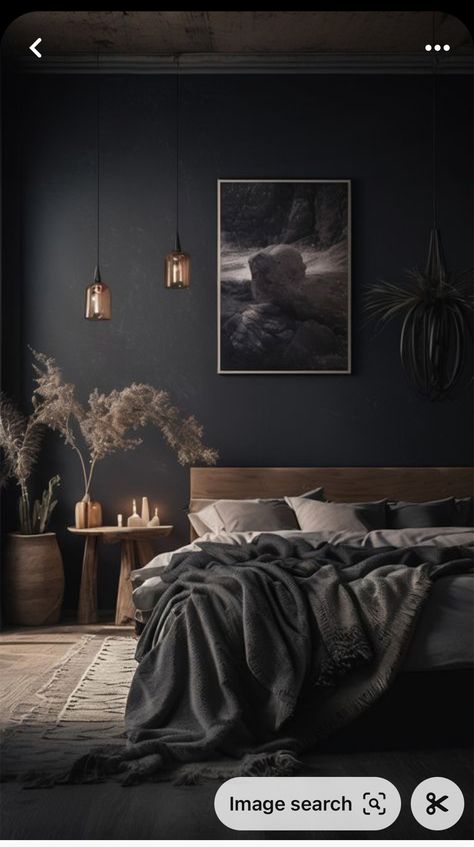 Dark Bedroom Aesthetic, Black Walls Bedroom, Black Feature Wall, Brown Bedroom, Dark Walls, Home Aesthetic, Bedroom Refresh, Aesthetic Home, Decor Aesthetic