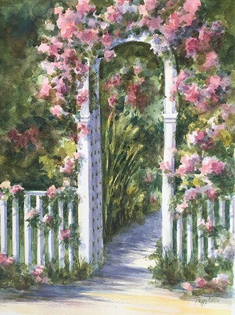 Secret Garden by Peggy Ellis Watercolor ~ 14 x 11 Paint Landscape, Pastel Poster, Garden Watercolor, Watercolor Bookmarks, Watercolor Landscape Paintings, Artwork For Home, Miniature House, Wall Gallery, Pastel Art