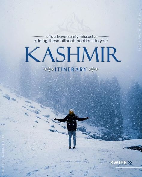 Thrillophilia on Instagram: "Bookmark these offbeat places for your next winter holiday in #Kashmir ✨❄️ This is your chance to experience a landscape perfectly paired with snow-filled trails, frozen lakes, to not-so ordinary #waterfalls.🤩 #KashmirValley definitely never ceases to amaze us with its astounding beauty. So, plan your #November getaway to this #winter wonderland right at the LINK in our BIO✅🥰 📷: @wanderer__24 naseershk @mohhamadshahidpics_ @awild dream @rambling_in_the_woods @ashi Kashmir In November, Kashmir In Winter, Winter India, Kashmir Trip, Winter Skiing, Travel Poster Design, Frozen Lake, Srinagar, Graphic Designing