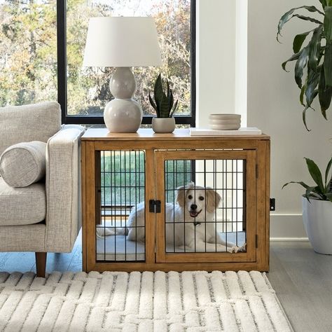 PETMAKER Furniture-Style Dog Crate with Double Doors and Cushion - Bed Bath & Beyond - 38976539 Adobe Furniture, Decorative Dog Crates, Acacia Wood Furniture, Crate Side Table, Medium Dog Crate, Furniture Style Dog Crate, Wood Dog Crate, Wooden Dog Kennels, Large Dog Crate