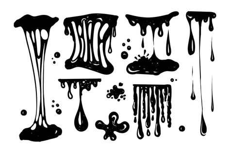 A set for working with blobs. Doodle style drawn elements. Black splashes of slime, stretching slime, toxic dripping slime. Slime splatter and droplets, liquid borders. Isolated vector shapes How To Draw Sticky Liquid, Slime Reference Drawing, How To Draw Dripping Liquid, Slime Graffiti, Black Slime Monster, How To Draw Liquid, Slime Reference, Slime Tattoo, Slime Drawing