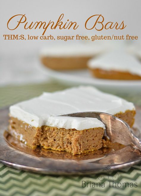 Pumpkin Bars Pumpkin Spice Bars, Healthy Pumpkin Bars, Dairy Free Cream Cheese Frosting, Spice Bars, Briana Thomas, Trim Healthy Mama Dessert, Dairy Free Frosting, Dairy Free Cream Cheese, Simply Taralynn