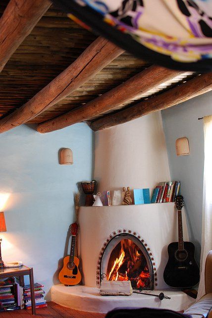 dream kiva~ via cage free family. Adobe Fireplace, Fireplace Construction, Pueblo Revival, Kiva Fireplace, Adobe House, Wood Branch, Santa Fe Style, Hearth Room, Cob House