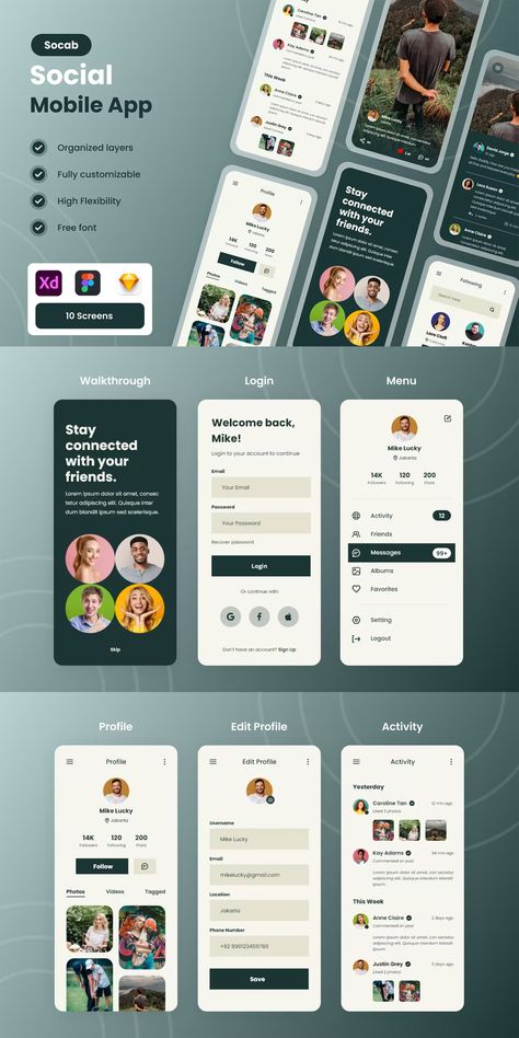 Social Media App Mobile App UI Kit XD, FIG, SKETCH Social Media App Ui, Fig Sketch, Social App Design, Church Poster Design, Medium App, Social Business, Church Poster, Mobile App Ui, App Ui Design