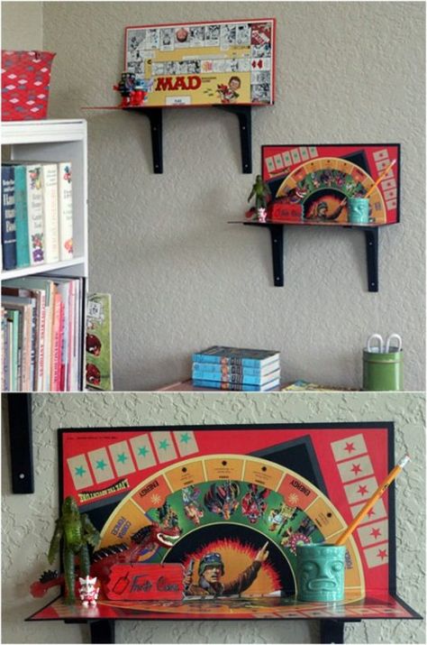 20 Fun And Exciting Ways To Repurpose Old Board Games - Really good ideas with tutorial links curated and collected by diyncrafts.com team <3 Game Shelves, Board Game Shelf, Board Game Room, Recycling For Kids, Old Board Games, Board Games Diy, Board Game Storage, Vintage Board Games, Geek Decor