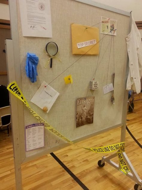 Detective Theme Party Decorations, Red Yarn Detective Board, Investigation Decoration, Csi Party Decorations, Detective Theme Decorations, Detective Vbs, Evidence Board, Detective Themed Classroom, Geheimagenten Party