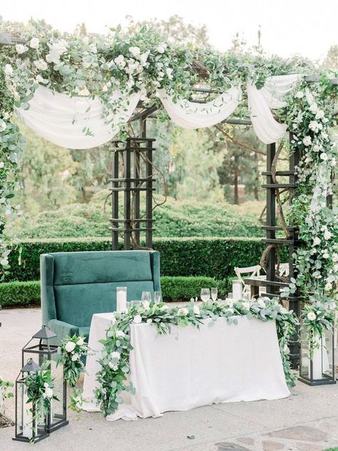 If you've already chosen a greenery-centric (non)floral palette, let your big-day color scheme naturally follow suit. Take this all-green scene, for example. A jade velvet love seat was the perfect addition to this Events by Talissa sweetheart table, filled with eucalyptus garlands by Modern Bouquet. Greenery Wedding Theme, Monochromatic Wedding, Modern Bouquet, Martha Weddings, Sweetheart Table Wedding, Garden Wedding Venue, Floral Event Design, Desert Wedding, Sweetheart Table