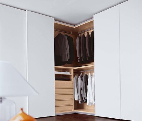 Corner Closet Ideas With Doors, Corner Closet Ideas, L Shape Wardrobe Design, Fitted Wardrobe Interiors, Wardrobe Corner, Corner Wardrobe Closet, Corner Closet, Fitted Bedroom Furniture, Corner Wardrobe