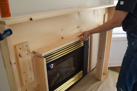 A Surprisingly Easy DIY Fireplace Mantle - HGTV Canada Build Your Own Fireplace Surround, Making A Fireplace Mantle, Small Fireplace Mantle, Diy Wood Fireplace Surround, Fireplace Without Mantle, Simple Fireplace Mantel, Easy Diy Fireplace, Fireplace Surround Diy, Corner Mantle