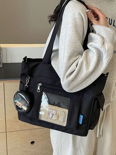 Black Casual,Fashionable Collar  Polyamide Letter,Plain Shoulder Tote Bag Embellished   Women Bags Shopping Vision Board, 대학생 스타일, Eyes Bags, Uni Clothes, Uni Vibes, Stuff For College, Casual Sling Bag, College Needs, Study Girl