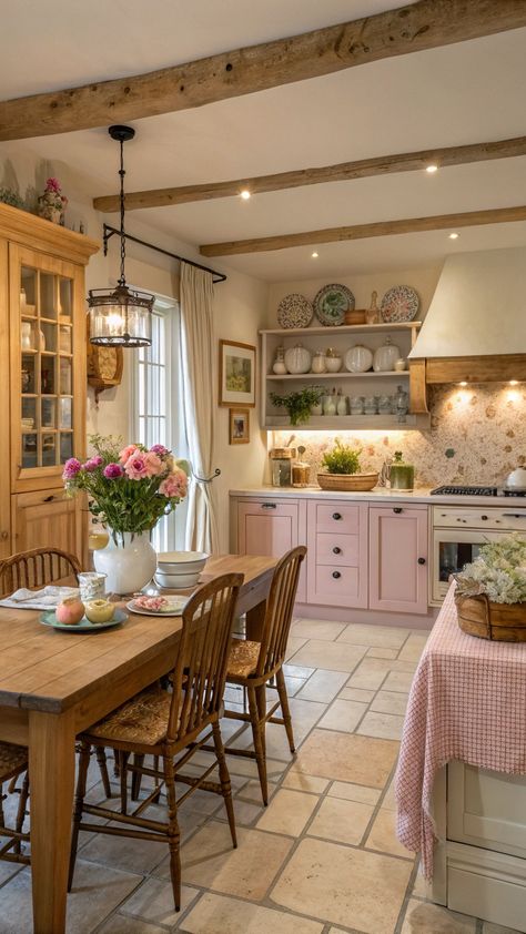 French Style Kitchen French Interior Kitchen, French Cottage Kitchen Backsplash, Pink French Country Kitchen, French Cafe Inspired Kitchen, Cottage Cozy Kitchen, Romantic Kitchen Aesthetic, Colorful Vintage Home, Colourful Cottage Interior, Pink Farmhouse Decor