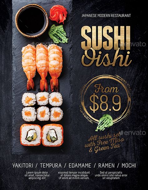 Japanese Sushi Flyer / Poster Template Sushi Poster Design, Japanese Restaurant Menu, Sushi Poster, Sushi Japanese, Sushi Menu, Menue Design, Sushi Design, Restaurant Poster, Sushi Set