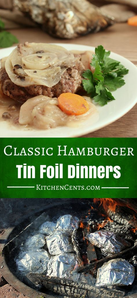 These Classic Hamburger Tin Foil Dinners are filled with meat, potatoes, and savory carrots and onions. This 30-minute campfire meal is hot and delicious. Savory Carrots, Campfire Meal, Campfire Dinner Recipes, Foil Recipes, Vegetarian Camping Recipes, Classic Hamburger, Camp Cooking Recipes, Camping Dessert Recipes, Tin Foil Dinners