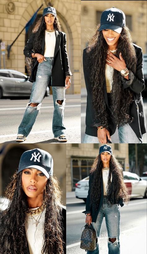 Jeans And Cap Outfit, Blazer With Cap Outfit, Sheer Robe Outfit, Khaki And Denim Outfit, Baseball Cap And Blazer Outfit, Women’s Street Fashion 2023, Outfit Ideas Cold Spring, Baseball Cap Blazer Outfit, 75° Weather Outfit