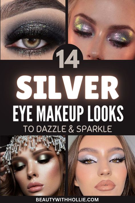 Simple Silver Eye Makeup Ideas & Looks Silver Liquid Eyeliner, Black And Silver Wedding Makeup, Diamonds And Pearls Makeup, Silver Makeup For Blue Eyes, Smokey Eye Makeup Silver Glitter, Grey Outfit Makeup Looks, Nye Eye Makeup Tutorial, White And Gold Eye Makeup, Silver Makeup For Brown Eyes