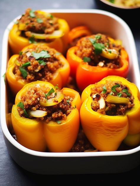 Savory Quinoa-Stuffed Bell Peppers Mushroom Stuffed Peppers, Beans Baked, Quinoa Stuffing, Savory Quinoa, Mushroom Quinoa, Quinoa Stuffed Peppers, Mushroom Stuffed, Oven Canning, How To Cook Quinoa