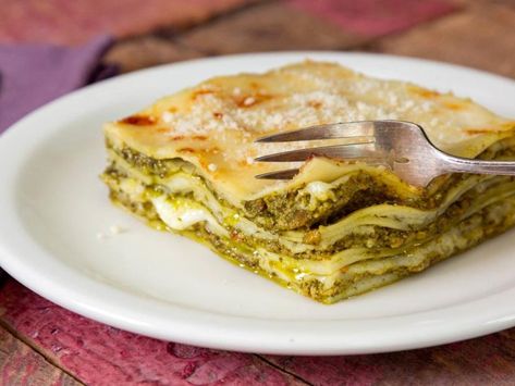 Lasagna Verde Recipe | Don Angie | Food Network Lasagna Verde, Raw Pistachios, Epicure Recipes, Verde Recipe, Pistachio Pesto, Zucchini Lasagna, Classic Italian Dishes, Melty Cheese, Pizza Hut