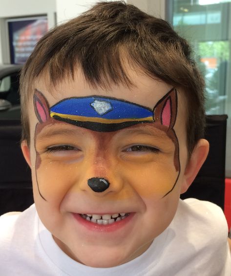 Paw patrol chase face painting by https://spongeblobfacepainting.com/ Fire Truck Face Paint, Chase Face Paint Paw Patrol, Chase Paw Patrol Face Paint, Chase Face Paint, Paw Patrol Face Paint Easy, Face Painting Themes, Paw Patrol Face Paint, Facepainting Ideas Easy, Puppy Face Paint