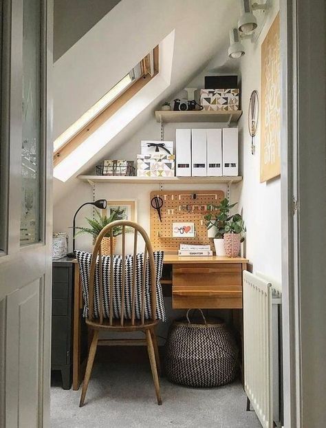 Small Home Office Ideas, Attic Office, Slanted Ceiling, Office Nook, Ikea Hackers, Home Office Ideas, Small Home Office, Household Decor, Household Furniture