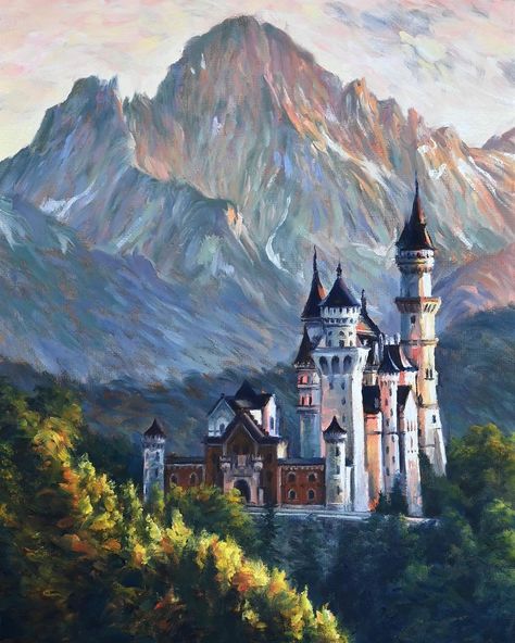 Different Canvas Painting Ideas, Painting Castle, Fantasy Landscape Painting, Castle Paintings, Castles Paintings, Castle Painting Ideas, Magical Acrylic Painting, Castle Aesthetic Painting, Easy Castle Painting